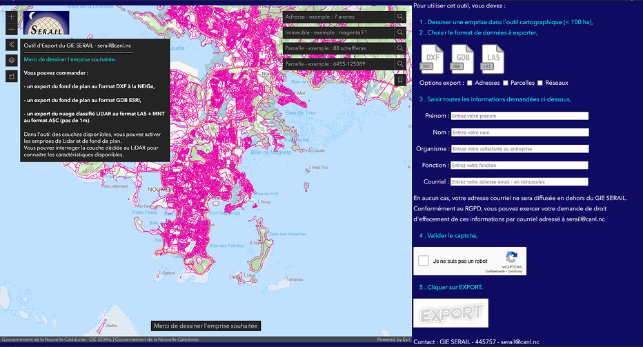 Interface de l'outil d'export de données